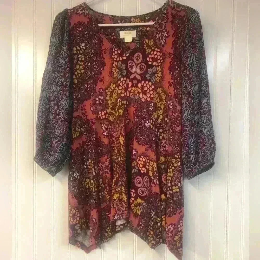Anthropologie Maeve Blouse XS Multicolor Floral Boho 3/4 Smocked Sleeve